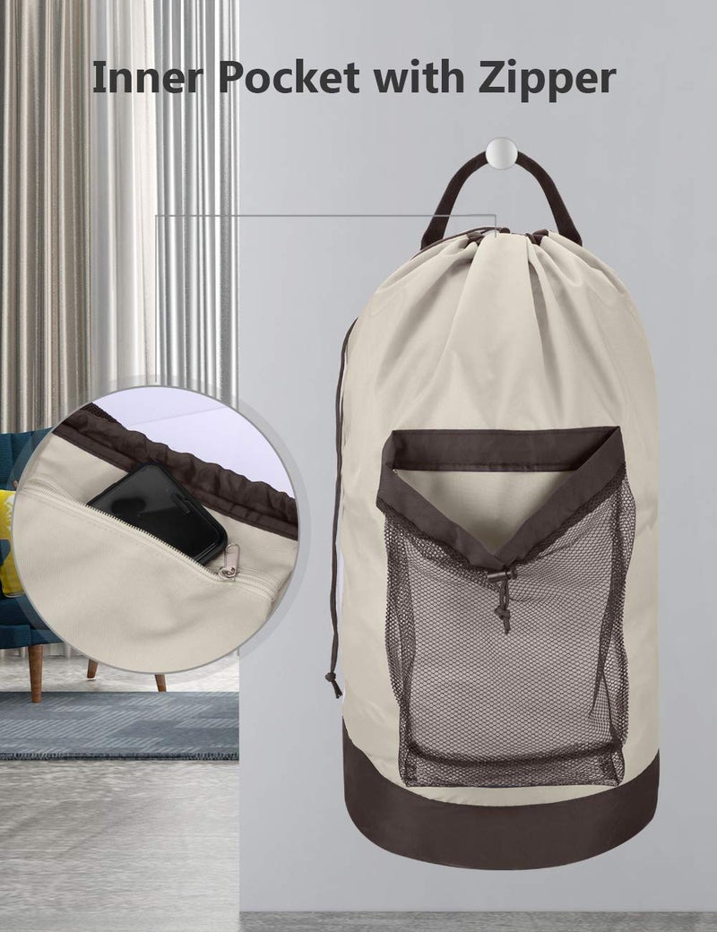 Dalykate Backpack Laundry Bag, 115L Large Hamper with Shoulder Straps, Drawstring Closure, Mesh Pocket, Khaki - Image 4